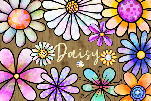 Daisy Flowers Watercolor Ink Doodle Art Illustrations