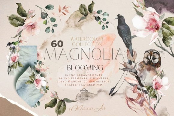 Magnolia Blooming Watercolor Collection: Illustrations
