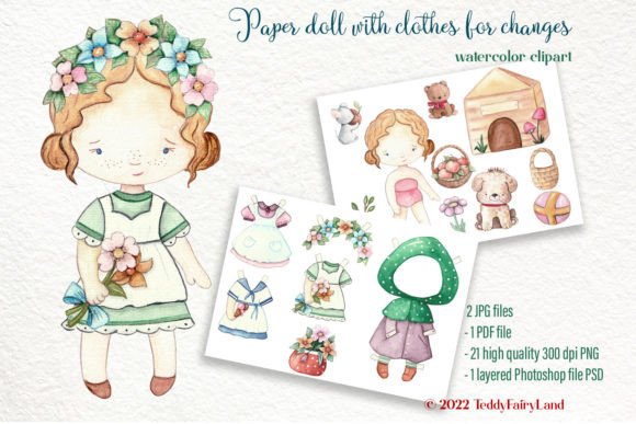 Paper Doll Printing Watercolor Clipart for Embroidery