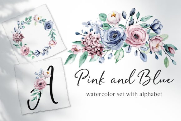 Pink & Blue Watercolor Roses: Versatile Illustrations
