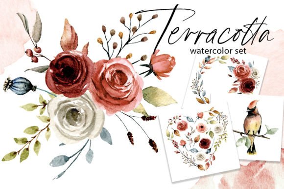 Terracotta Watercolor Flowers Set: Perfect Illustrations