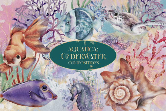 Underwater Compositions Watercolor Gold Illustrations