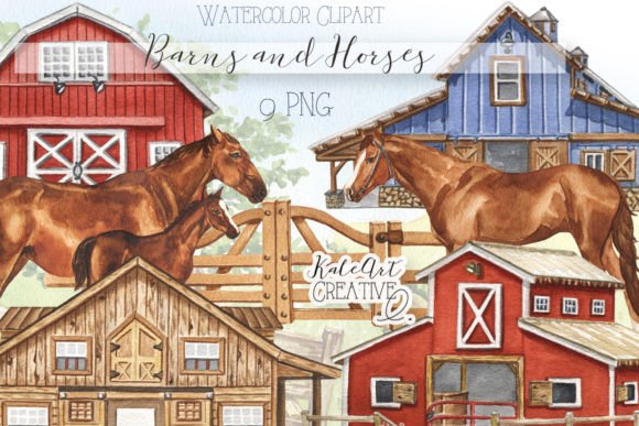 Watercolor Barns and Horses Clipart: Rustic Illustrations