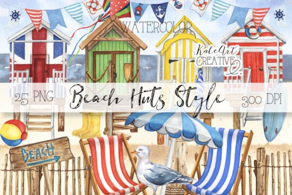 Watercolor Beach Huts, Cabin Clipart: Illustrations for Brands