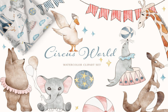 Watercolor Circus World Clipart Pattern & Illustrations