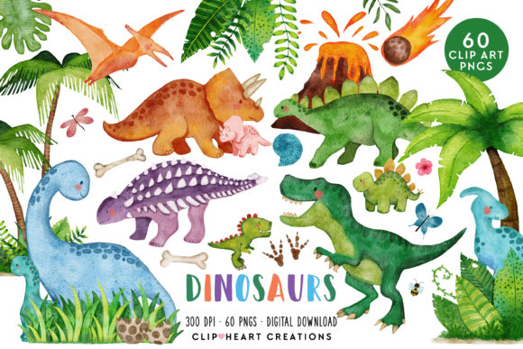 Watercolor Dinosaur Clip Art Pack: Playful Illustrations
