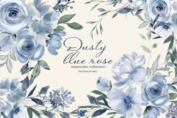 Watercolor Dusty Blue Floral Clipart Set: Illustrations