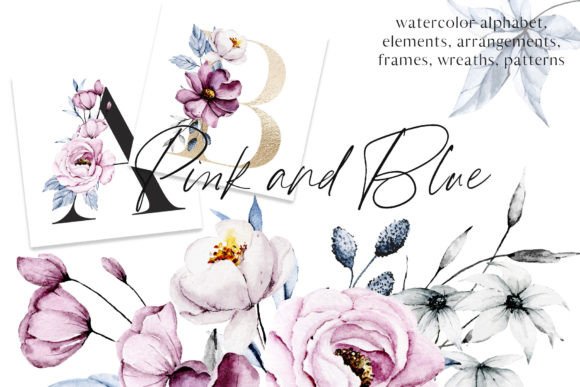 Watercolor Pink and Blue Flowers Peonies Illustrations