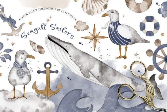 Watercolor Seagull Sailors Nursery Decor & Illustrations