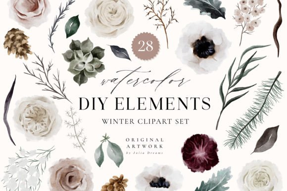 Winter Watercolor Flower Clipart: Soft Illustrations
